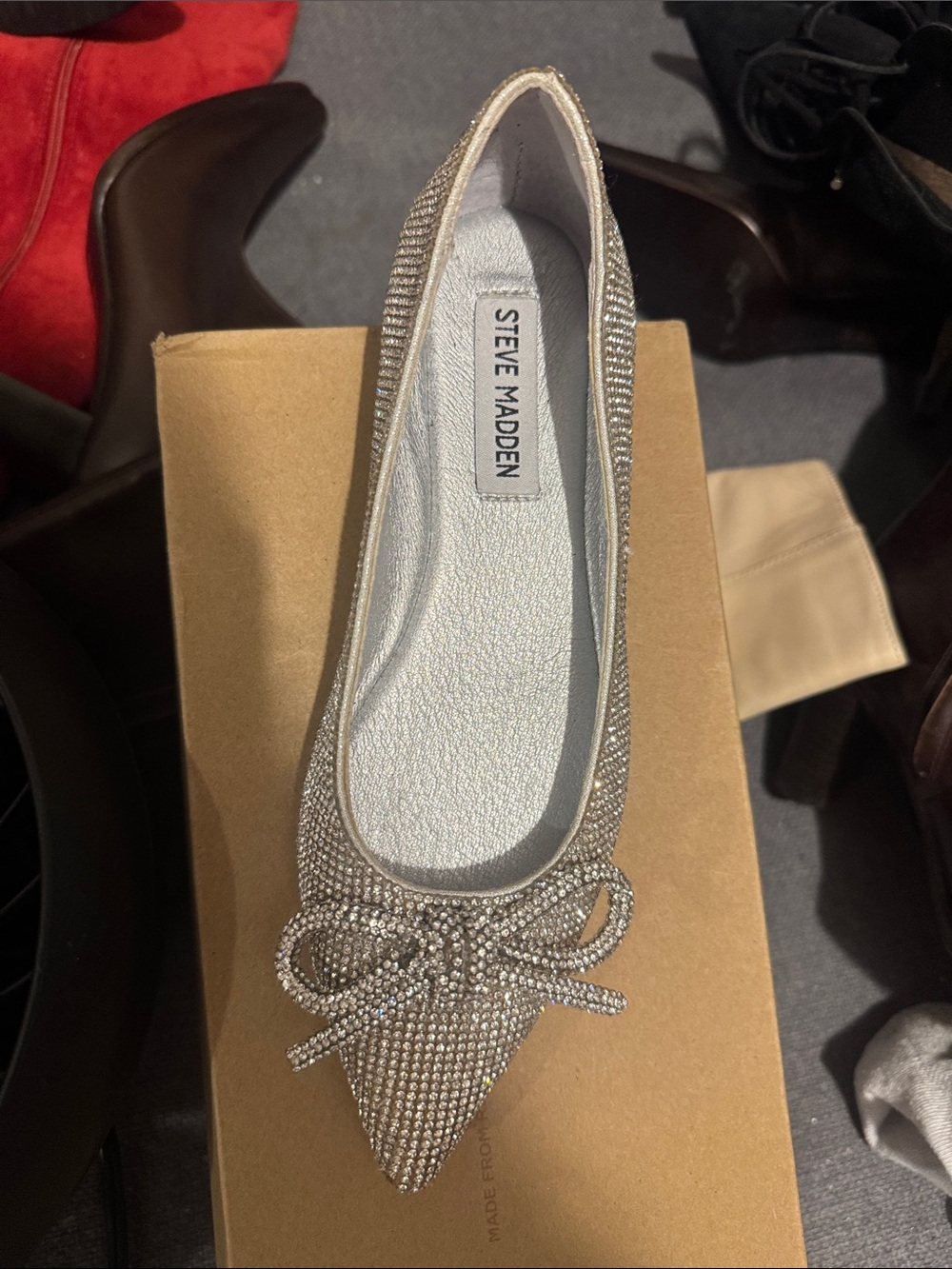 Steve Madden Elina Silver Crystal Bow Pointed Toe Flat Rhinestone Size 5M